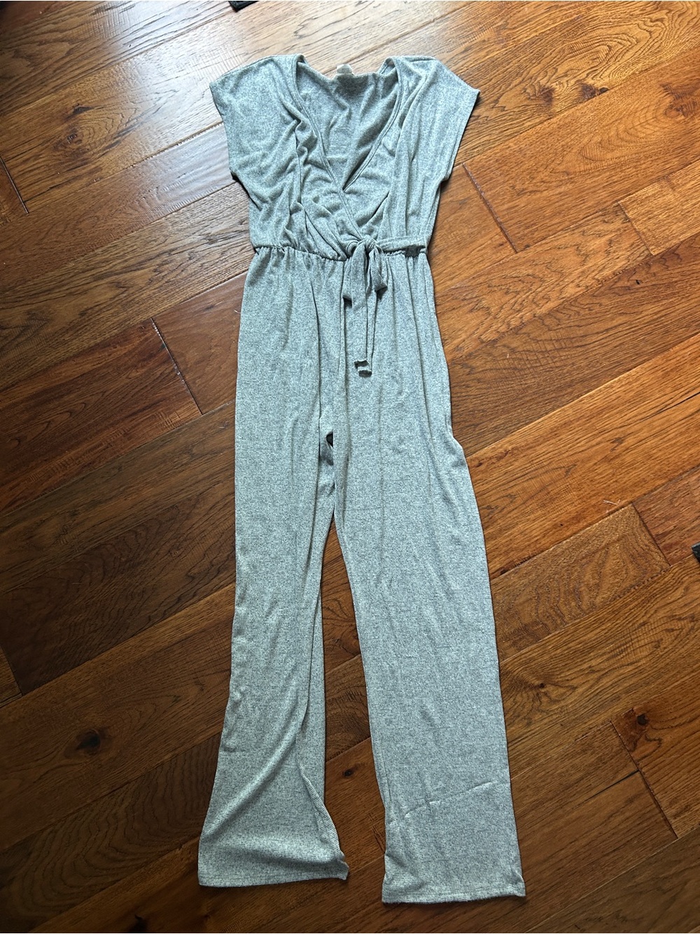 Women’s Light Gray Knit Jumpsuit with Drawstring Waist - Size Medium